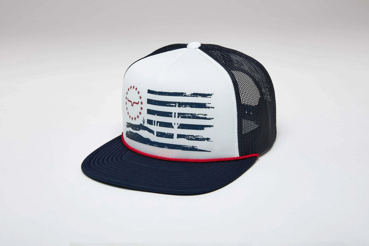 Kimes Ranch Faded hat with Navy mesh back and front graphic of cacti and stars