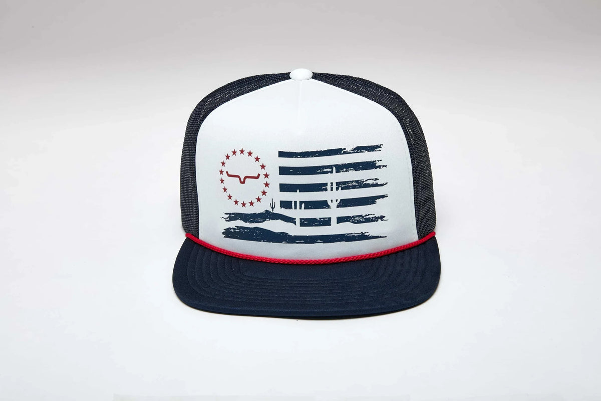 Kimes Ranch Faded hat with Navy mesh, white front, red trim, and graphic of Kimes Ranch logo with stars and cacti