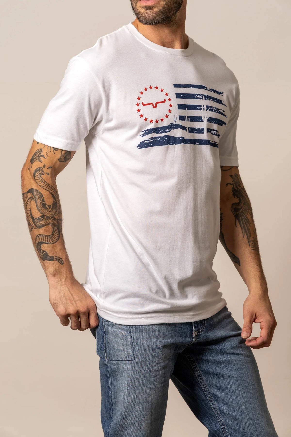 Kimes Ranch Faded shirt in White with a distressed Arizona flag graphic featuring a steer logo and cacti