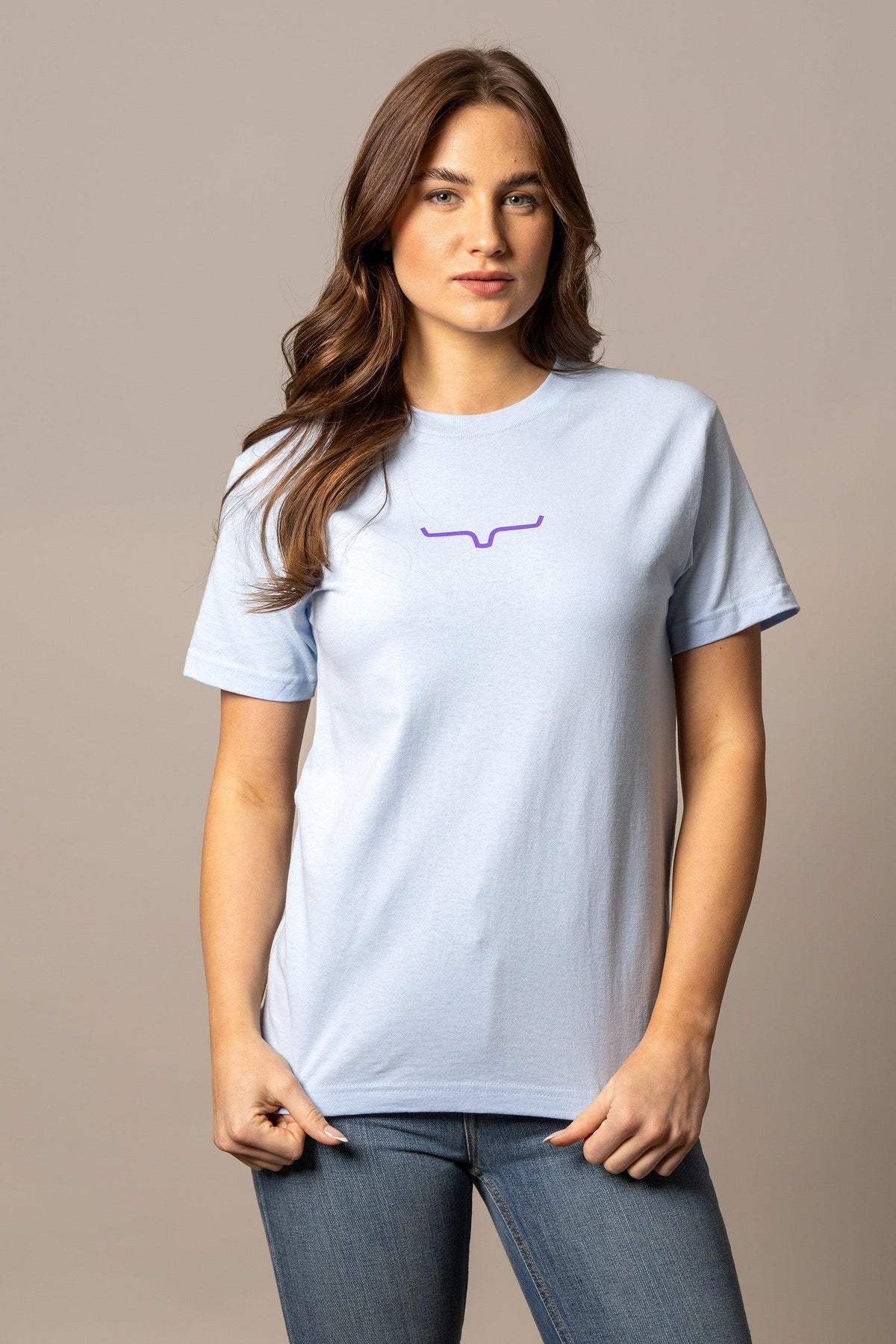 Kimes Ranch Fallon Bandana shirt in Baby Blue with a purple logo on the chest