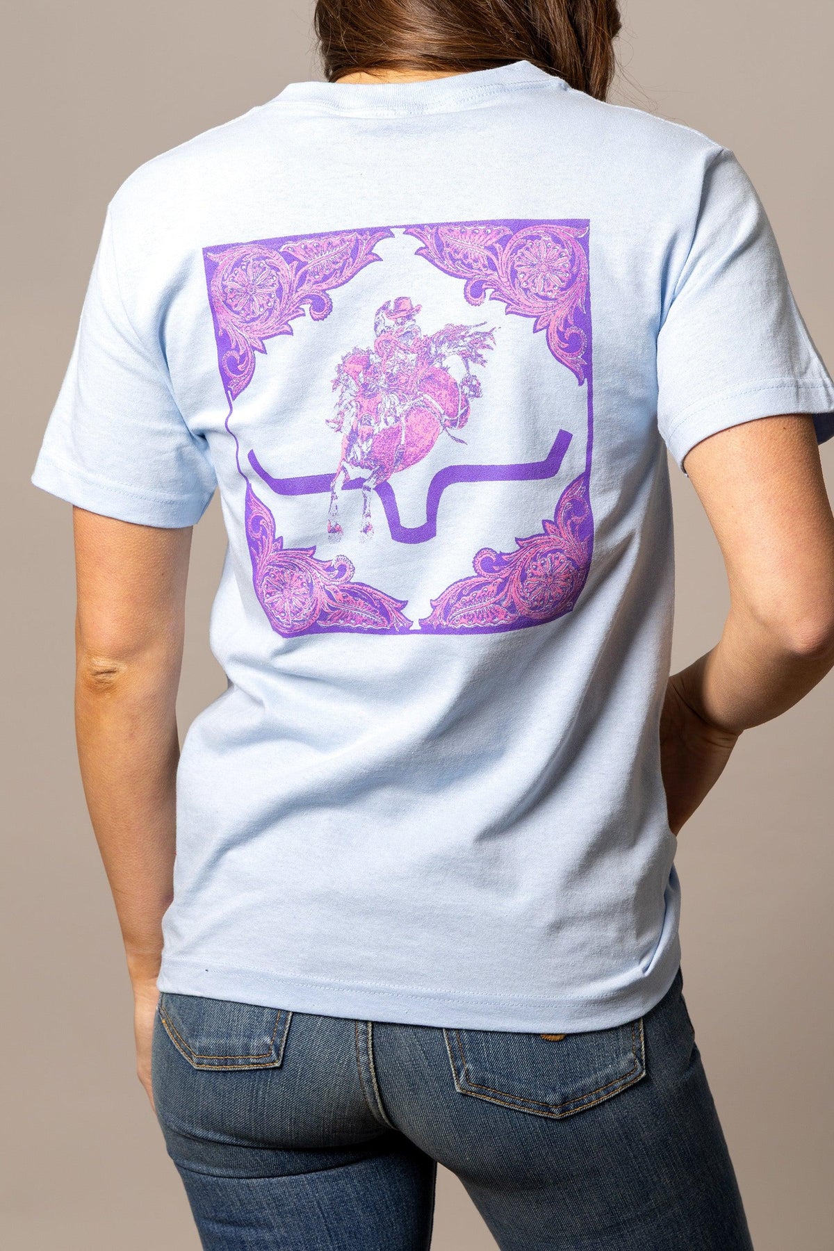 Kimes Ranch Fallon Bandana shirt in Baby Blue, back view, with a purple bandana print on the back