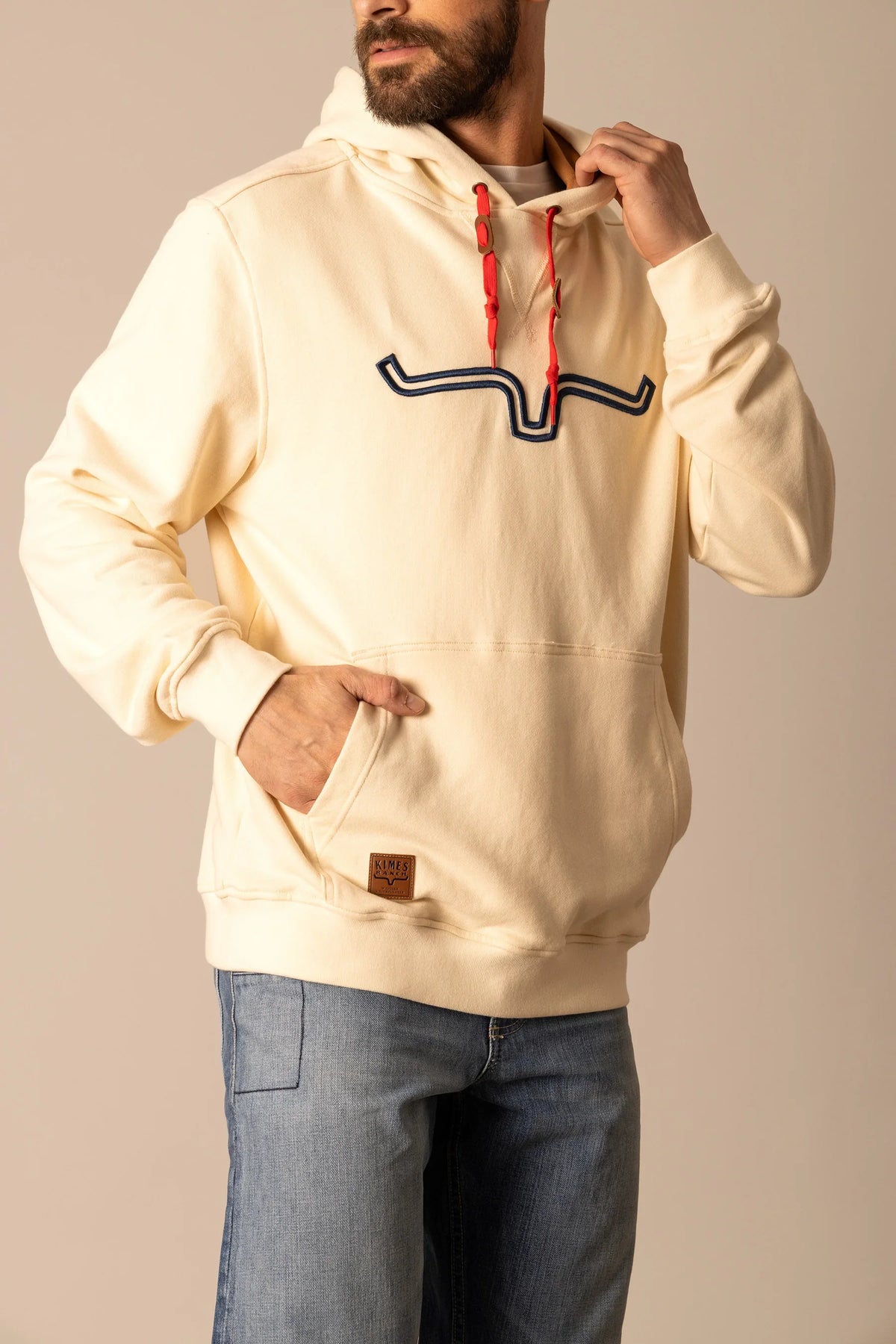 Kimes Ranch Fast Talker Hoodie in Natural with embroidered logo and red drawstrings