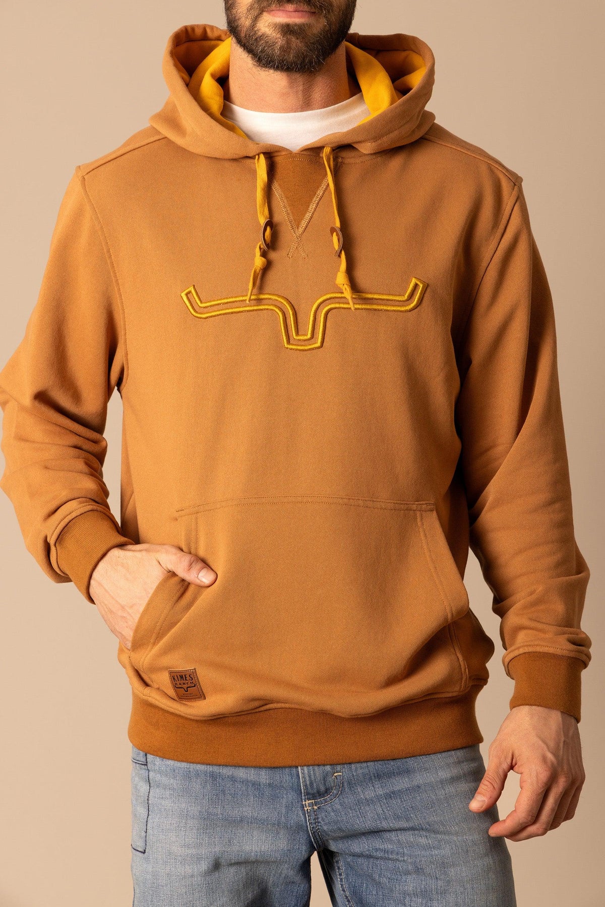 Kimes Ranch Fast Talker Hoodie in Work Wear Brown with embroidered longhorn graphic and front kangaroo pocket