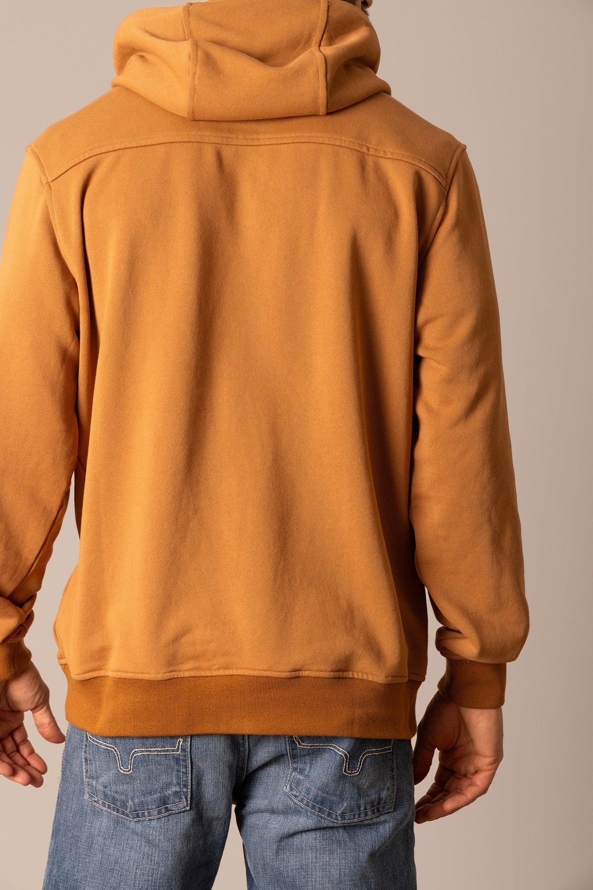 Kimes Ranch Fast Talker Hoodie in Work Wear Brown, back view, with a back yoke seam and ribbed hem