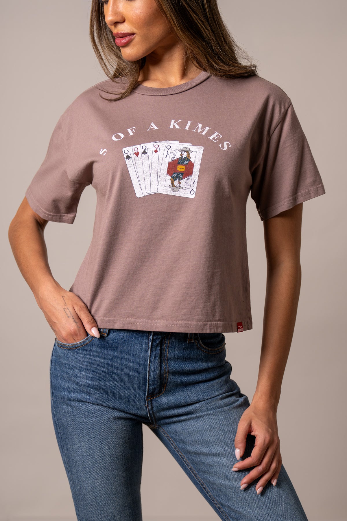 Kimes Ranch 5 Of A Kimes shirt in mauve with a graphic of five queens and the text 5 OF A KIMES