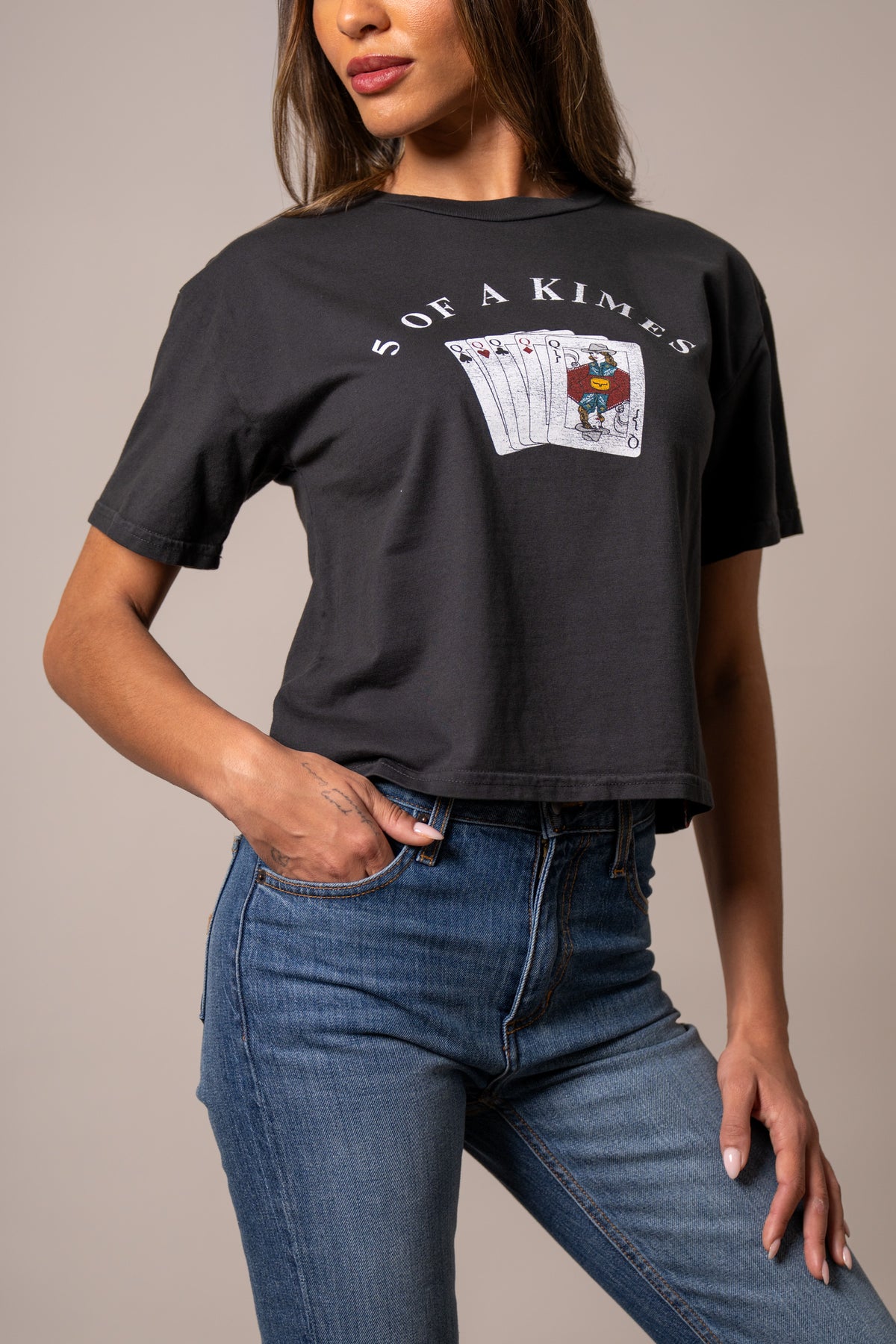 Kimes Ranch 5 Of A Kimes shirt in Graphite with a graphic of playing cards and the text 5 OF A KIMES