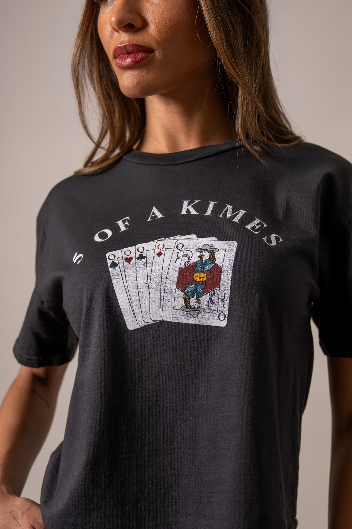 Kimes Ranch 5 Of A Kimes shirt in Graphite with a graphic of five playing queens and the text 5 OF A KIMES