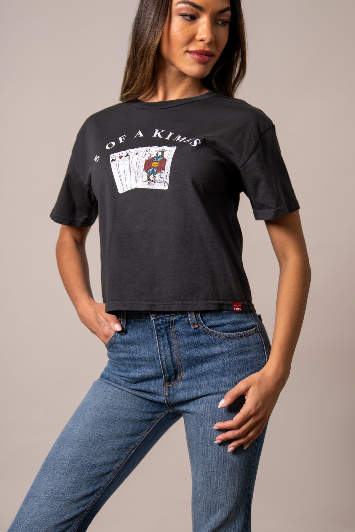 Kimes Ranch 5 Of A Kimes shirt in Graphite with a graphic of five playing cards and the text 5 OF A KIMES