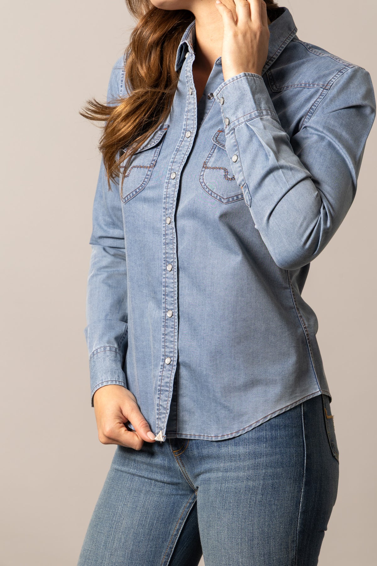 Kimes Ranch Flinn top in Indigo with chest pockets and contrast stitching