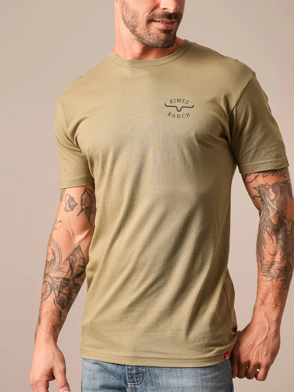 Kimes Ranch Flying High shirt in Light Olive with short sleeves and a crew neck