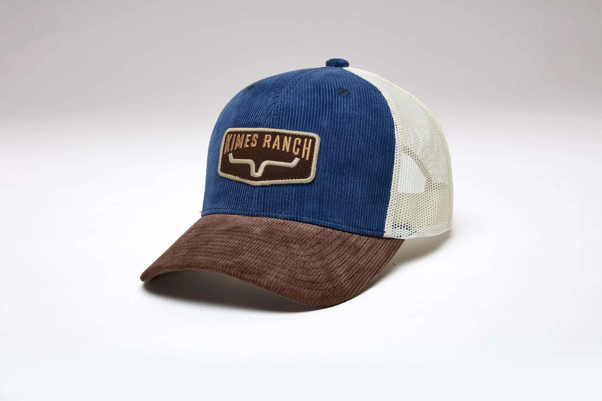 Kimes Ranch Fourteen hat in Blue, side view, with a brown brim and mesh back featuring the Kimes Ranch logo