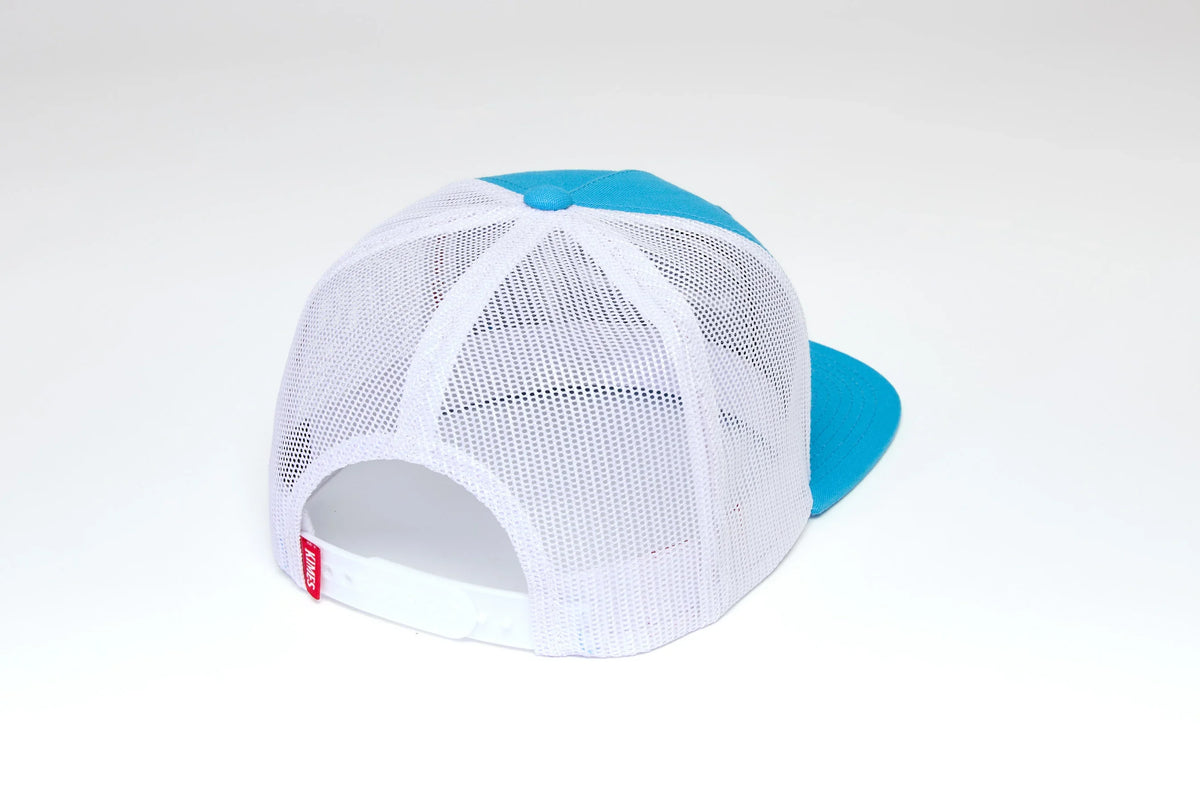 Kimes Ranch Framework hat in Blue, back view, with white mesh back and adjustable strap