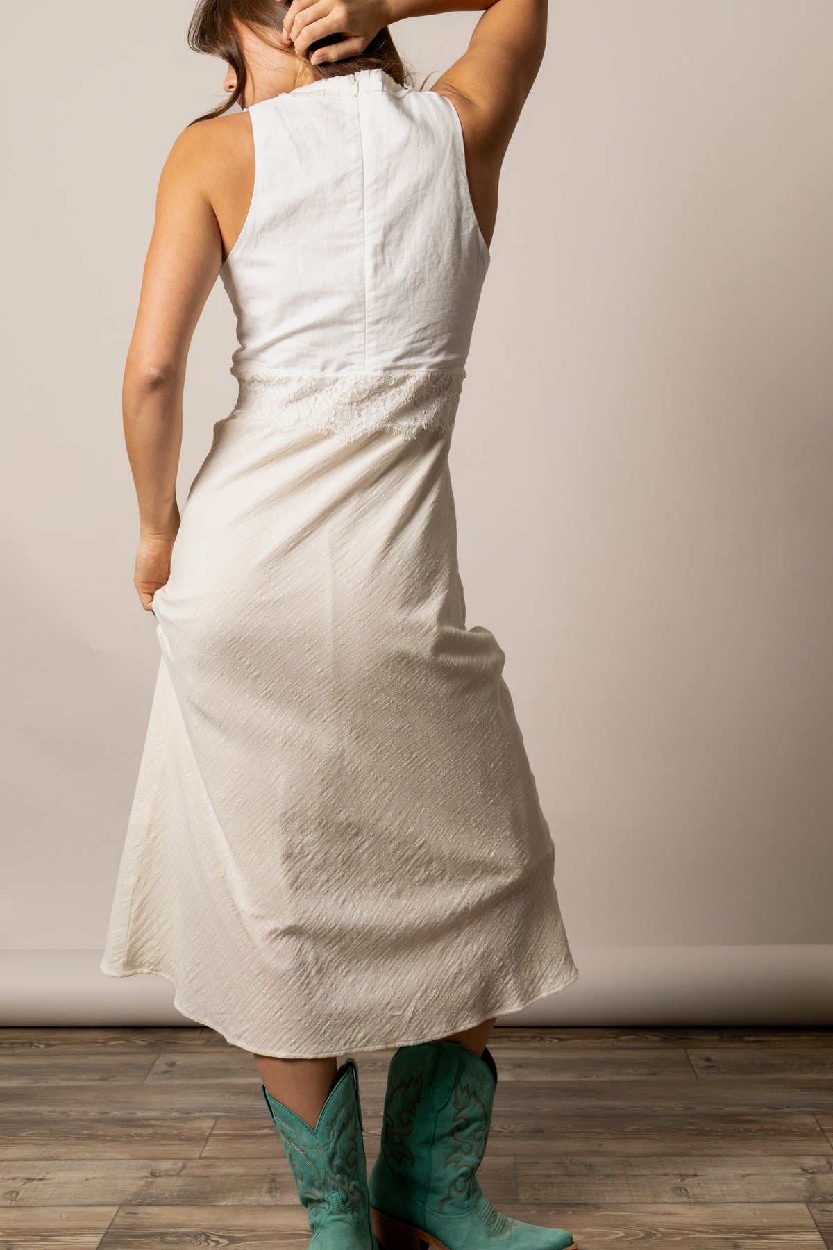 Kimes Ranch Francy dress in Natural, back view, with a sleeveless bodice and lace trim at the waist