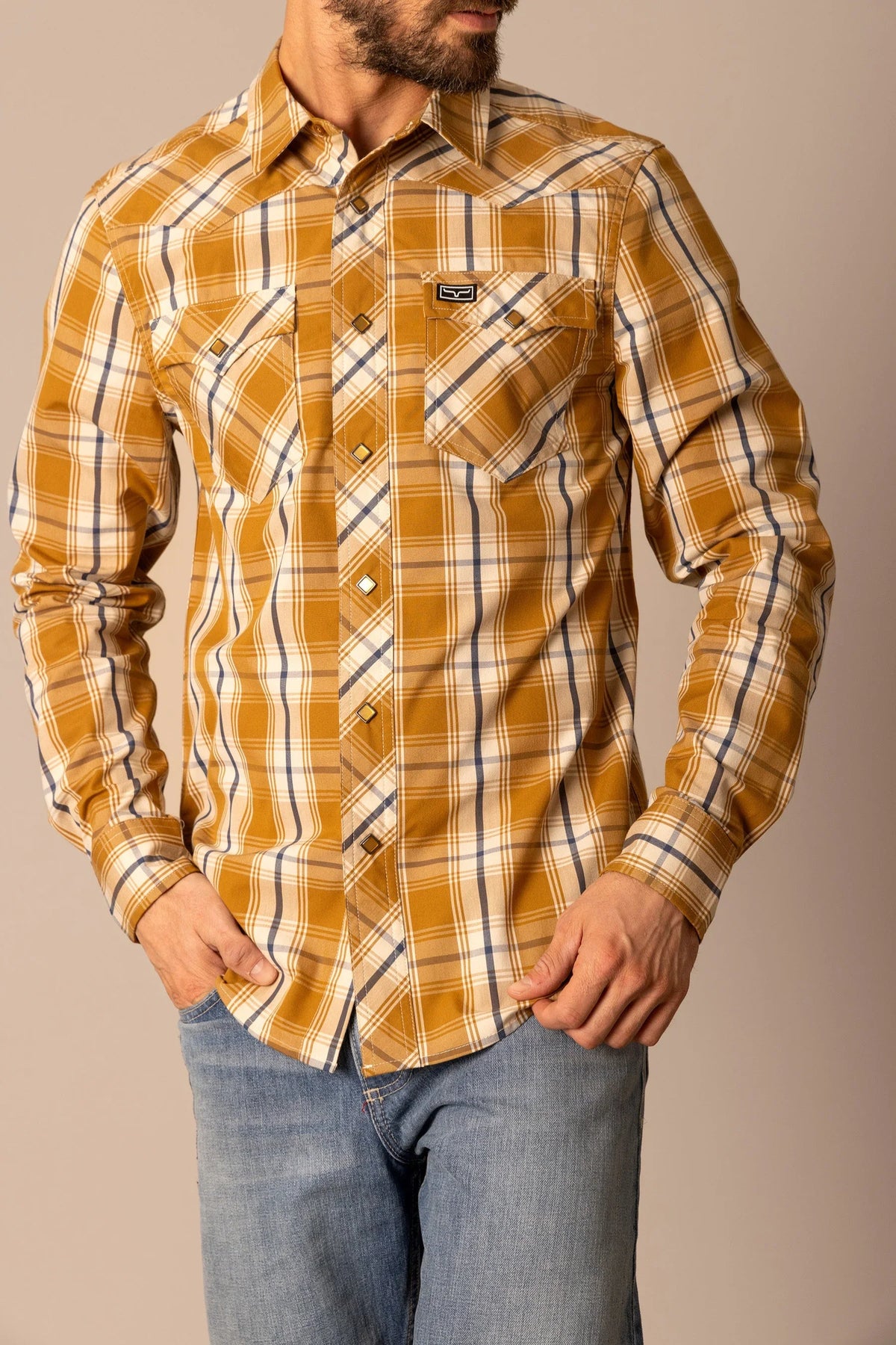 Kimes Ranch Frank dress shirt in Work Wear Brown with a plaid pattern and chest pockets