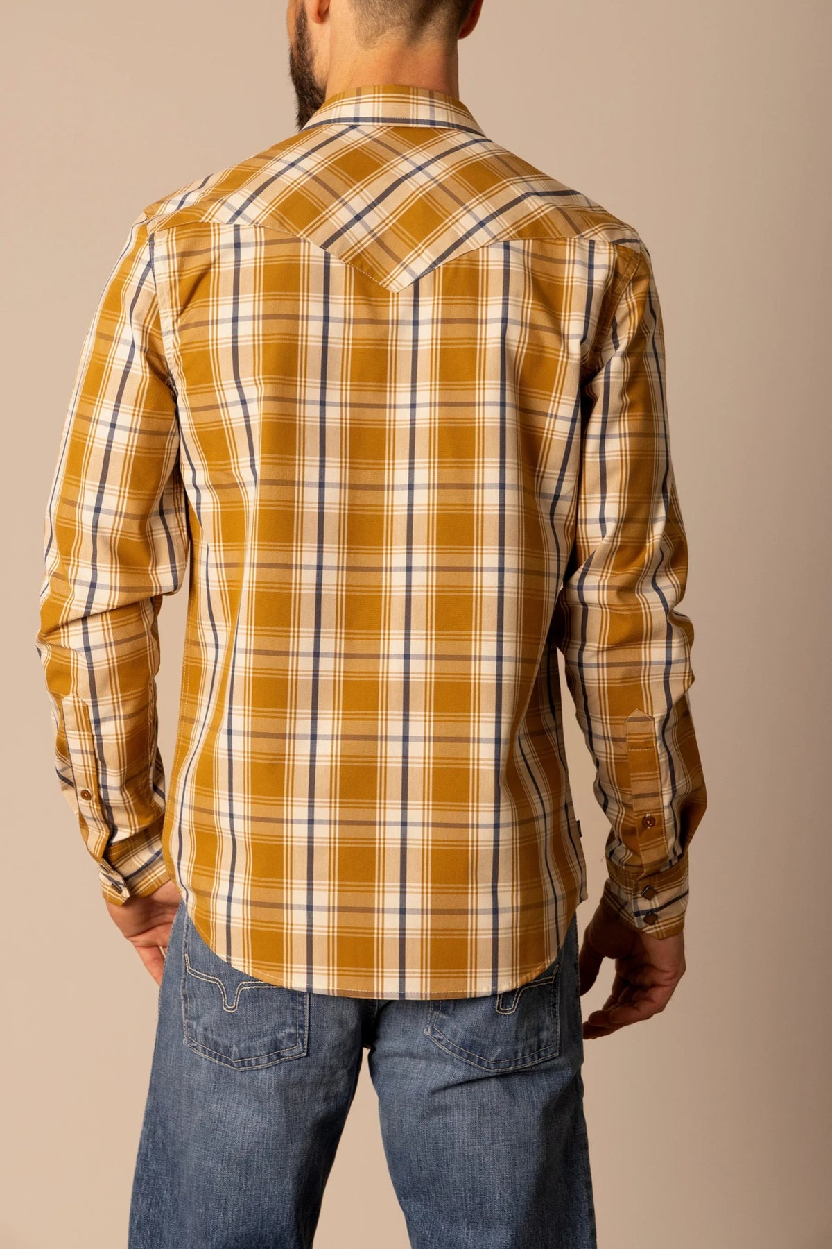 Kimes Ranch Frank dress shirt in Work Wear Brown, back view, with a plaid pattern and back yoke