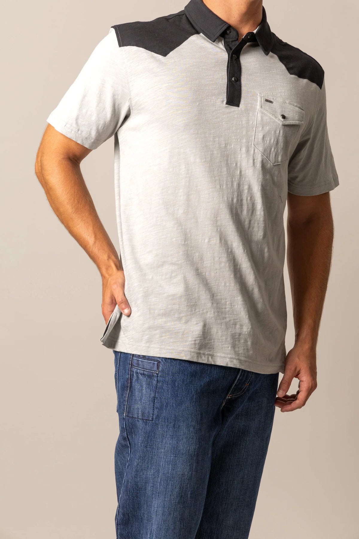 Kimes Ranch G-2 Polo in Grey with black contrast yoke and collar, featuring a chest pocket