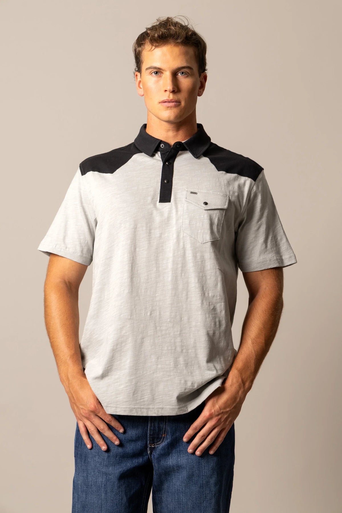 Kimes Ranch G-2 Polo in Grey with black collar and shoulder panels and a chest pocket