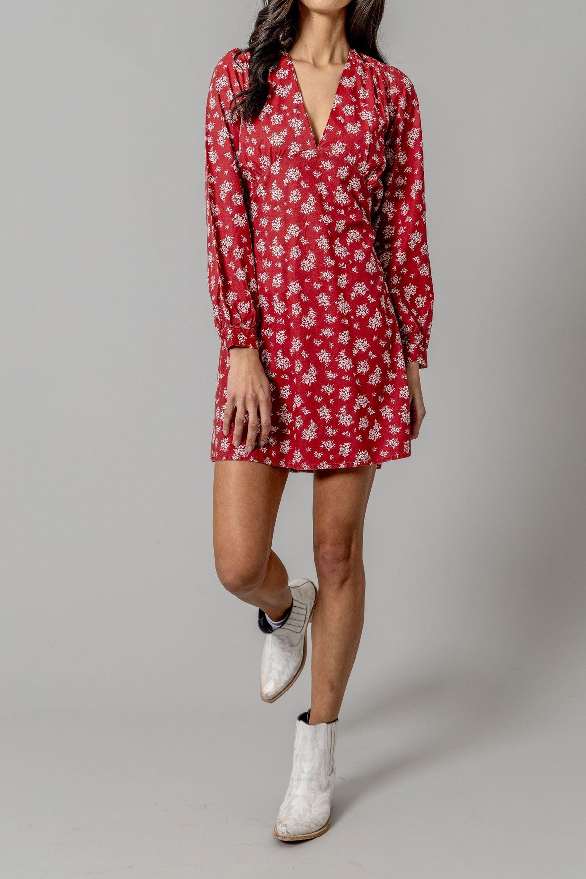 Kimes Ranch Georgina Tencel Dress in Red with a white floral print, long sleeves, and a V-neckline