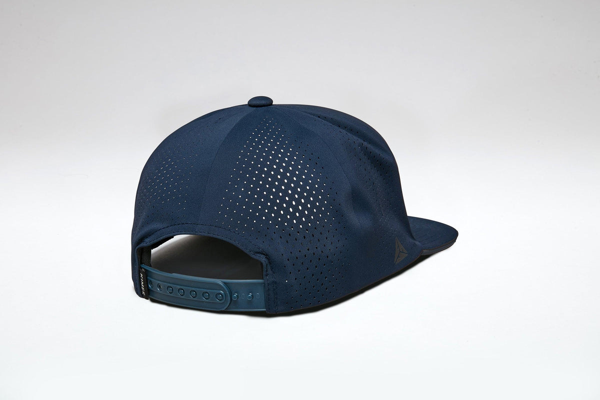 Kimes Ranch Gilette hat in Navy, back view, with perforated back panels and adjustable strap closure