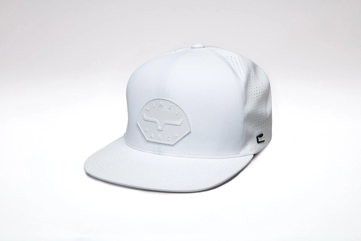Kimes Ranch Gilette, side view, White hat with a tonal logo on the front and perforated side panels