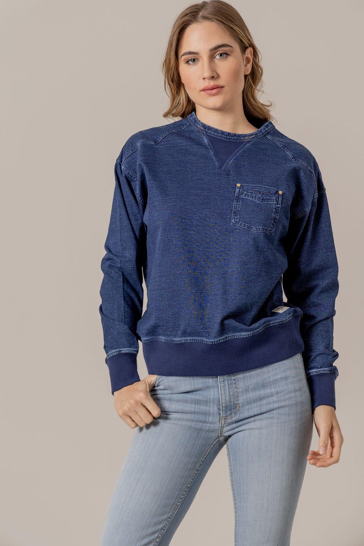 Kimes Ranch Gina Western Crew sweatshirt in Indigo Blue with a chest pocket and tonal graphic