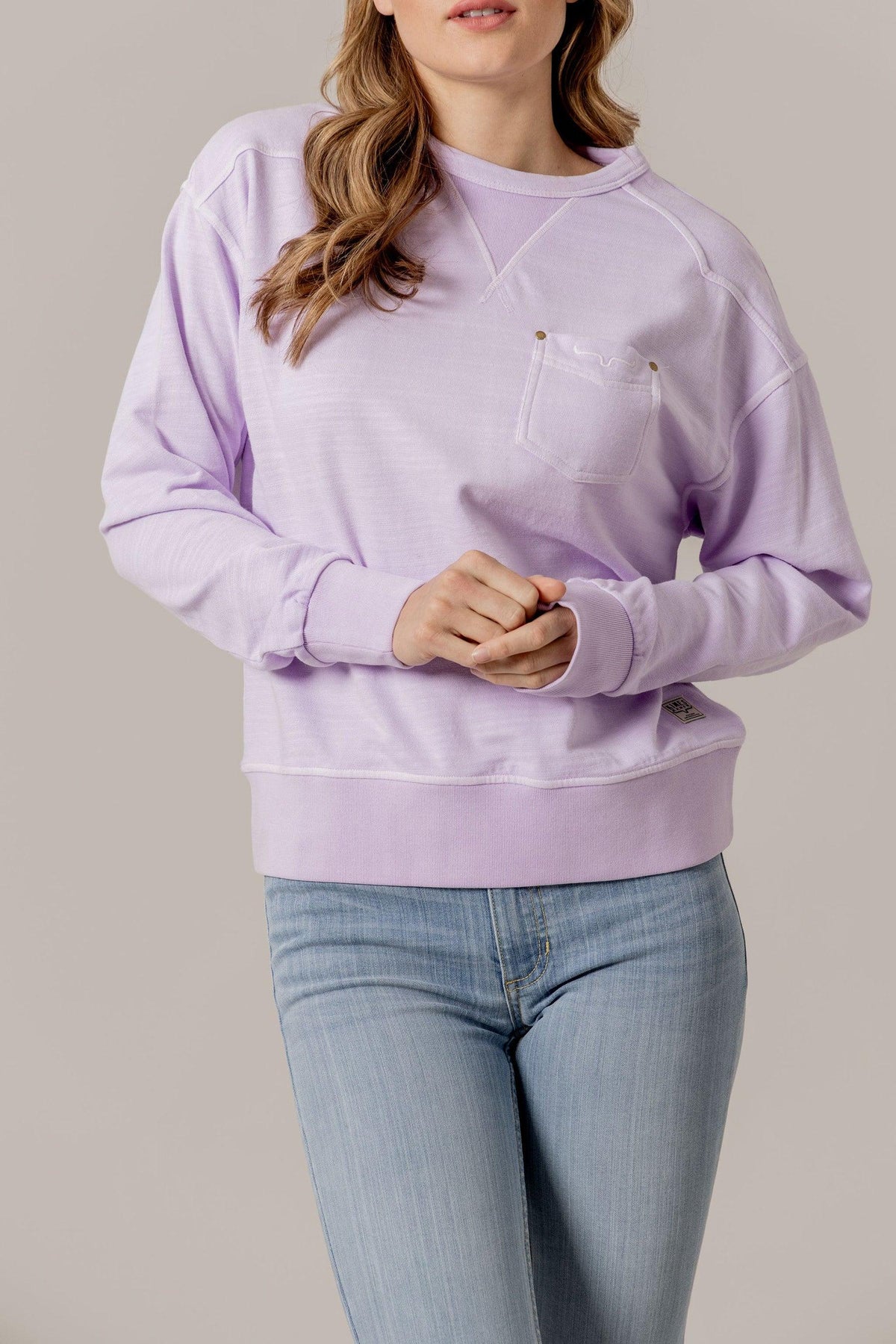 Kimes Ranch Gina Western Crew sweatshirt in Lavender with contrast stitching and a chest pocket
