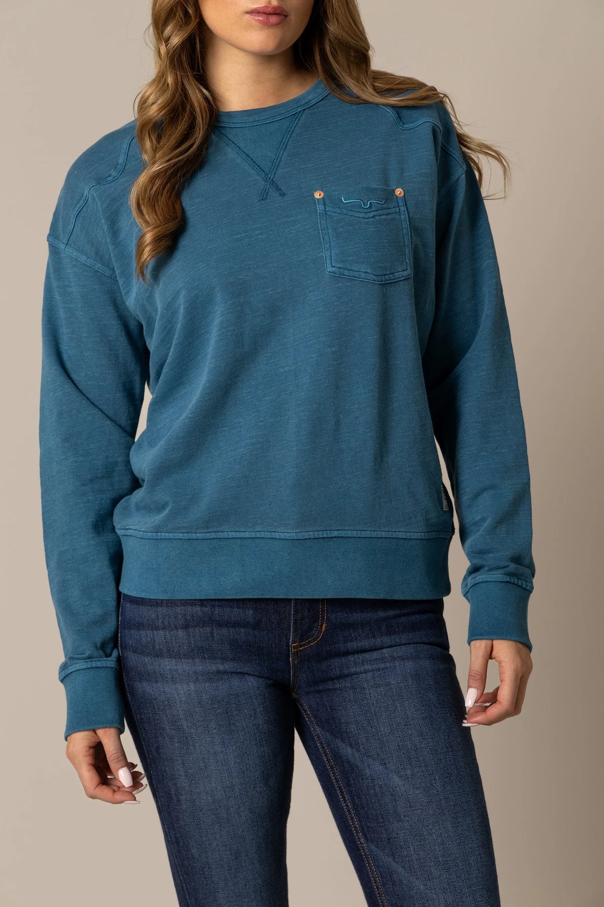 Kimes Ranch Gina Western Crew sweatshirt in Mid Blue with a chest pocket and embroidered logo