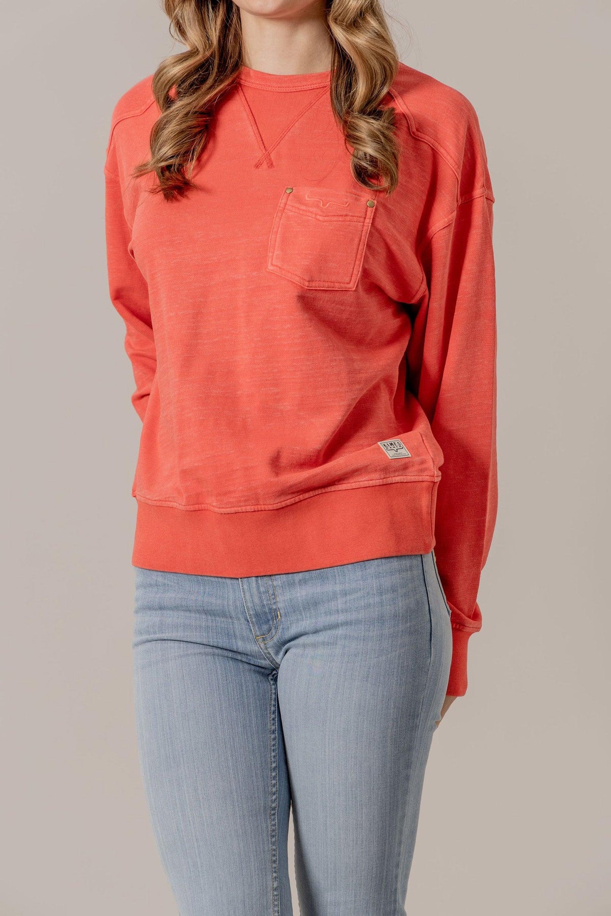 Kimes Ranch Gina Western Crew sweatshirt in Red with a chest pocket and logo patch