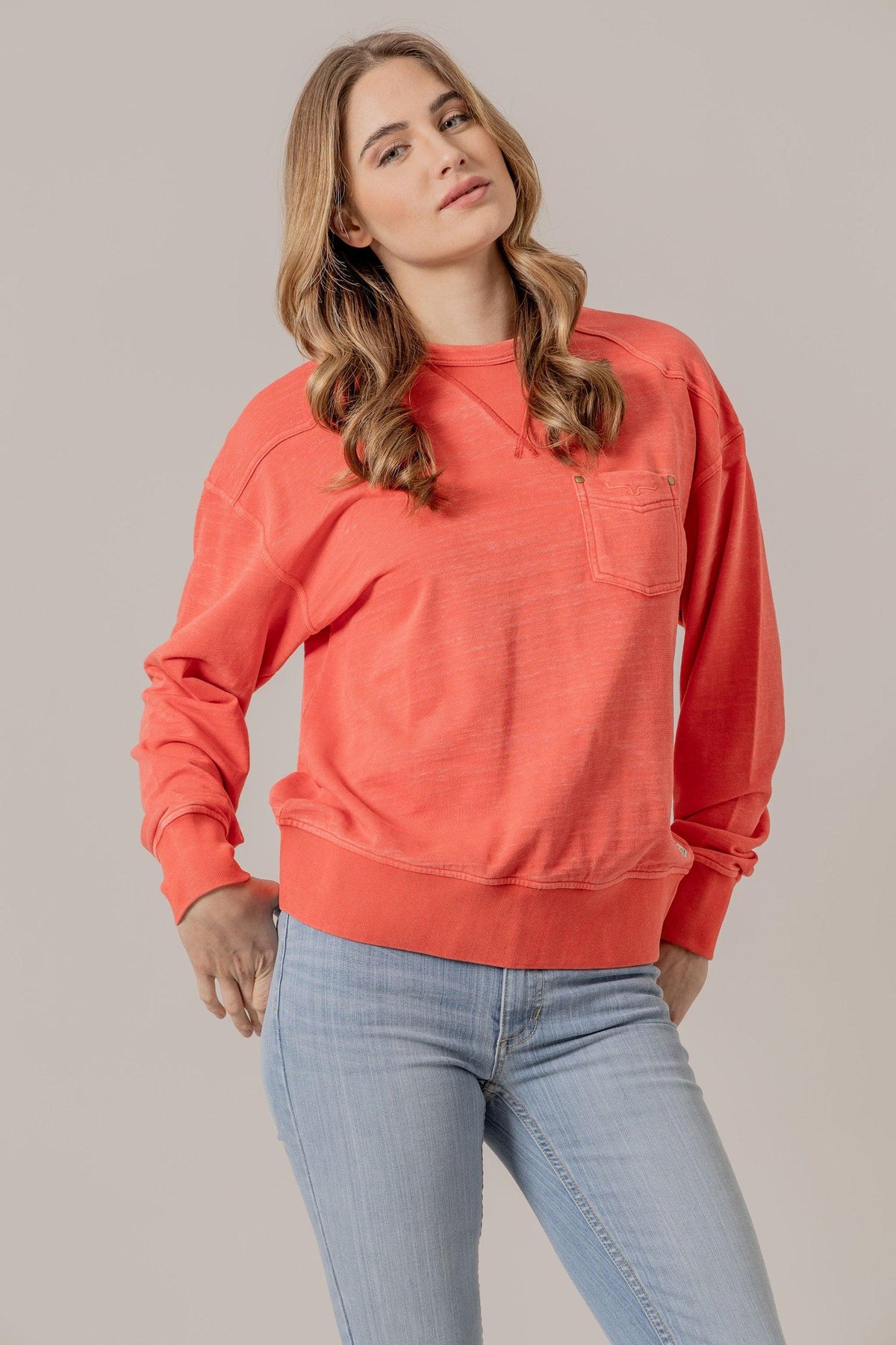 Kimes Ranch Gina Western Crew sweatshirt in Red with a chest pocket and ribbed hem