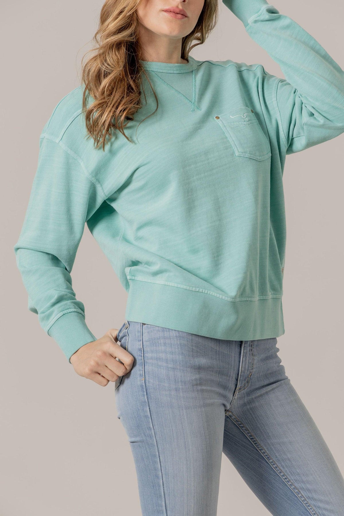 Kimes Ranch Gina Western Crew sweatshirt in Turquoise with a chest pocket and ribbed hem