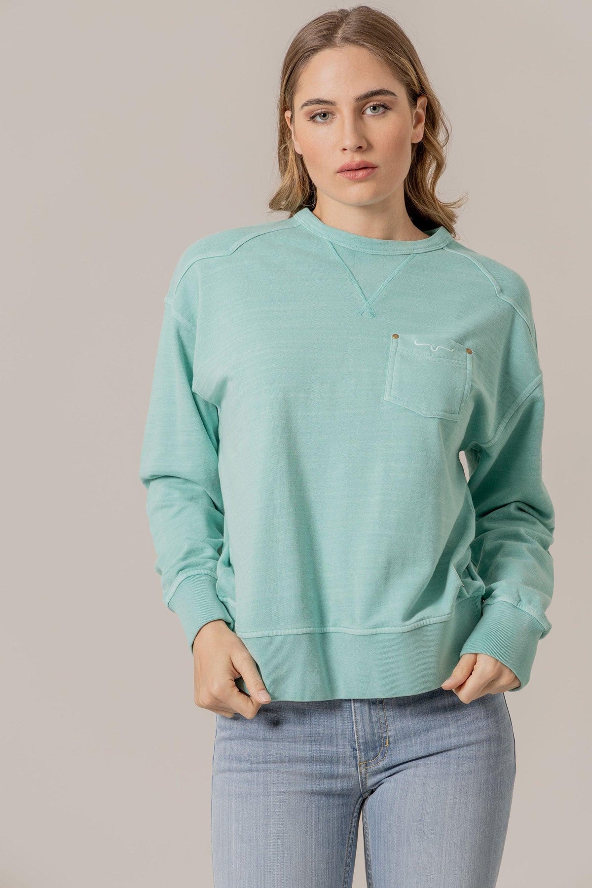 Kimes Ranch Gina Western Crew sweatshirt in Turquoise with a chest pocket and ribbed cuffs