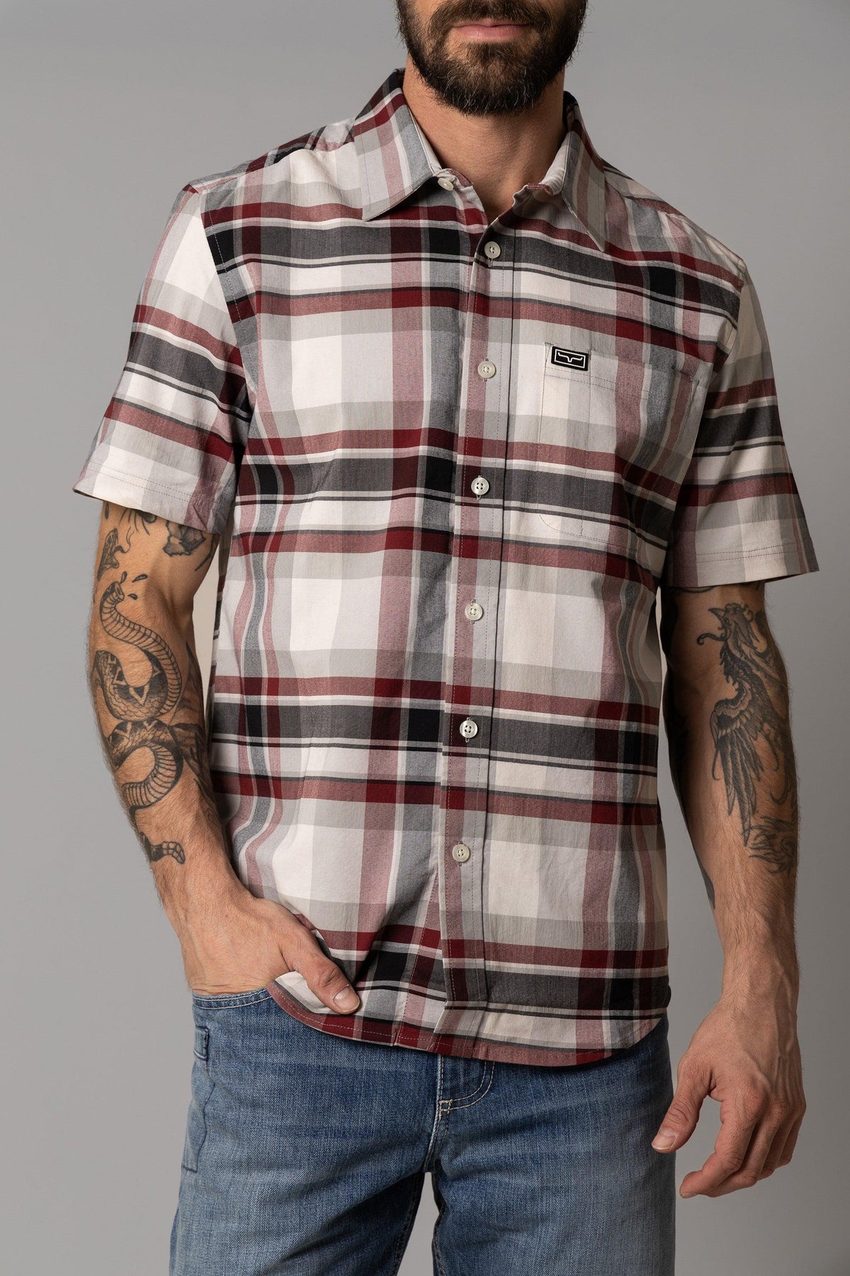 Kimes Ranch Grande Plaid Dress Shirt in Red with short sleeves and a chest pocket