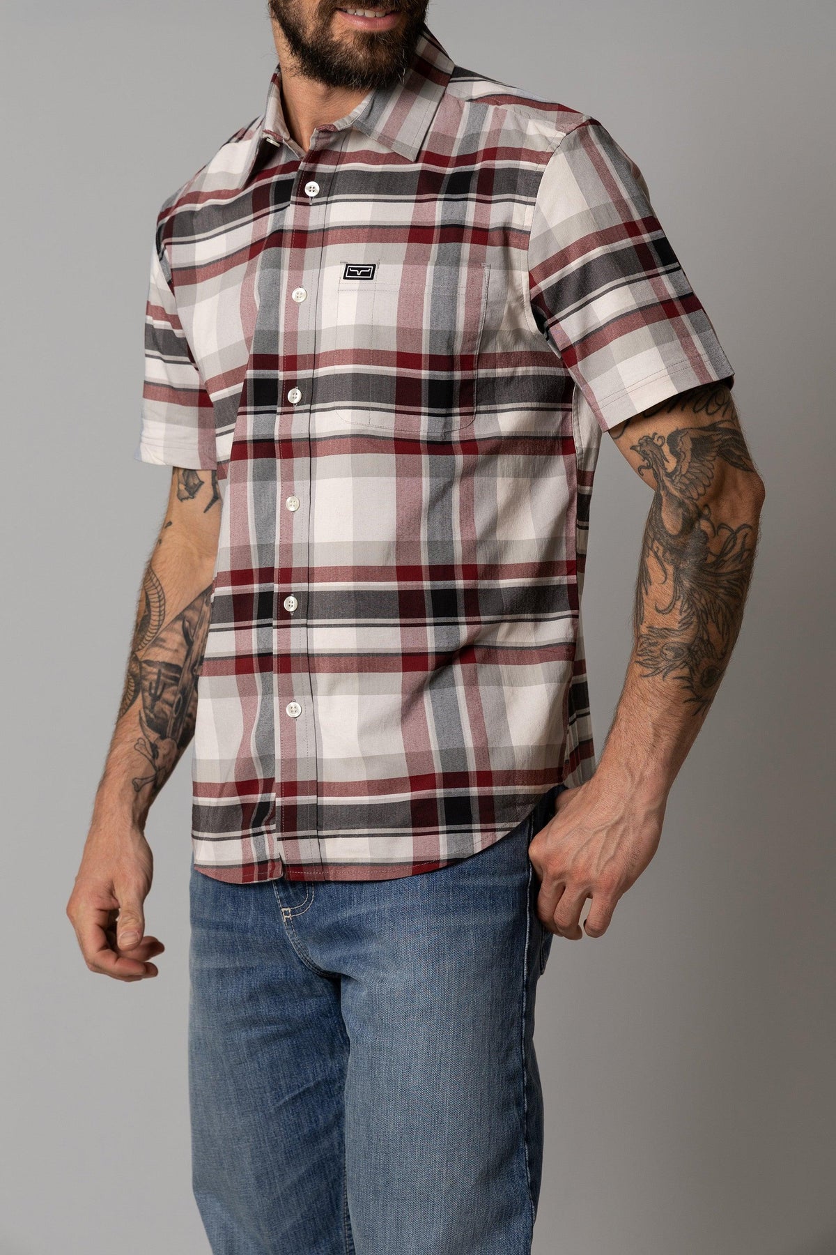 Kimes Ranch Grande Plaid Dress Shirt in Red with short sleeves and a chest pocket