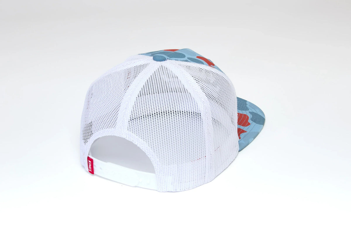 Kimes Ranch Grandview Trucker, back view, hat with white mesh back and Blue patterned front