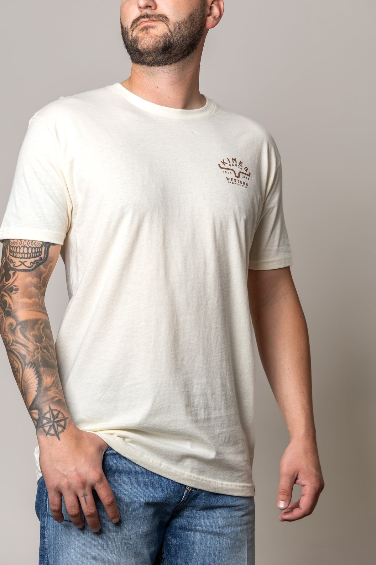 Kimes Ranch Grandview shirt in Natural with a crewneck collar and chest logo