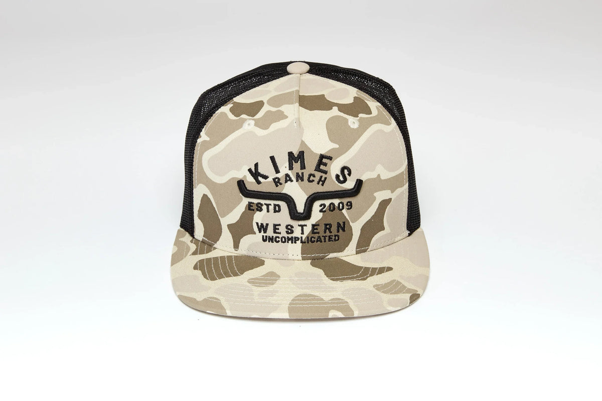 Kimes Ranch Grandview Trucker hat in Natural with a camo pattern and embroidered logo