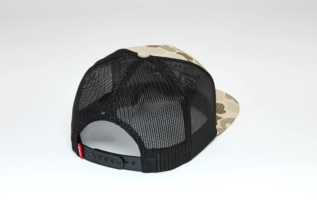 Kimes Ranch Grandview Trucker hat in Natural, back view, with a black mesh back and adjustable strap