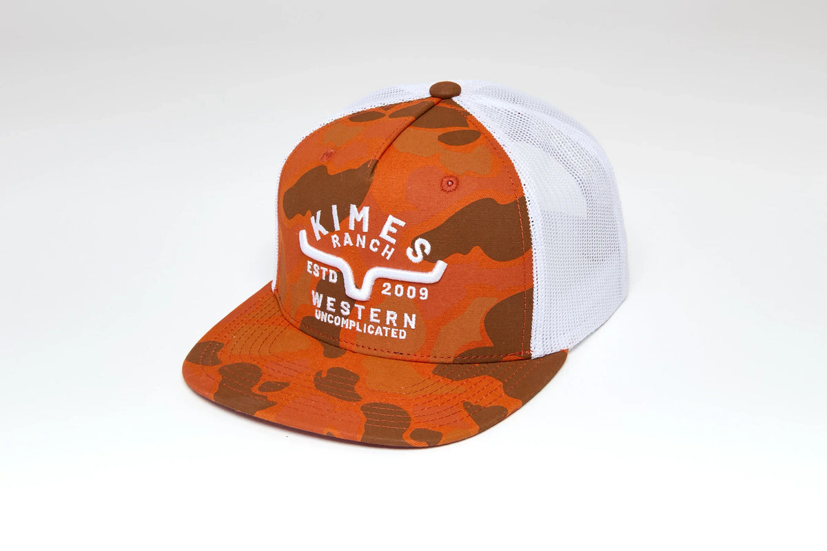 Kimes Ranch Grandview Trucker hat in Orange with white mesh back and embroidered logo