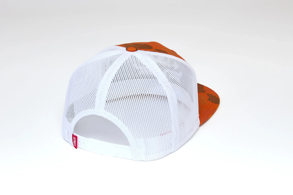 Kimes Ranch Grandview Trucker, back view, hat with white mesh back and Orange front panels