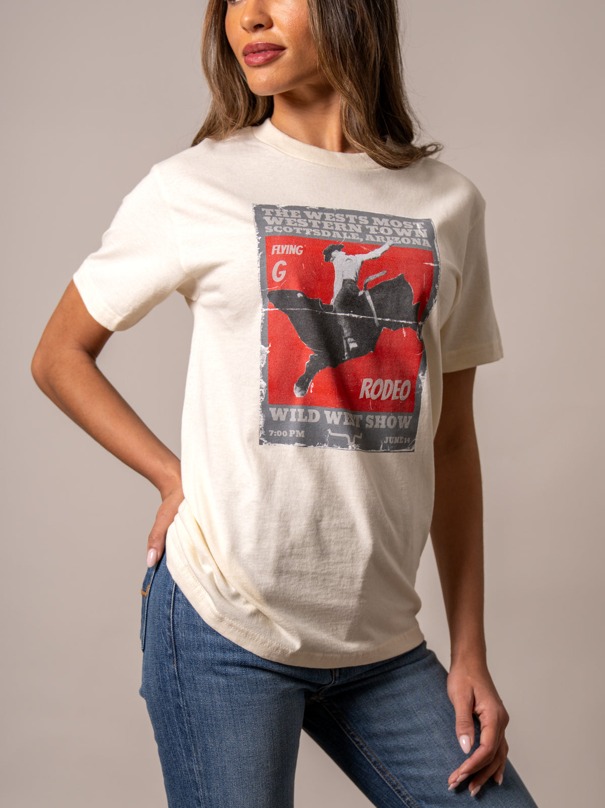 Kimes Ranch Ladies Greg 1950 shirt in Cream with a vintage rodeo graphic