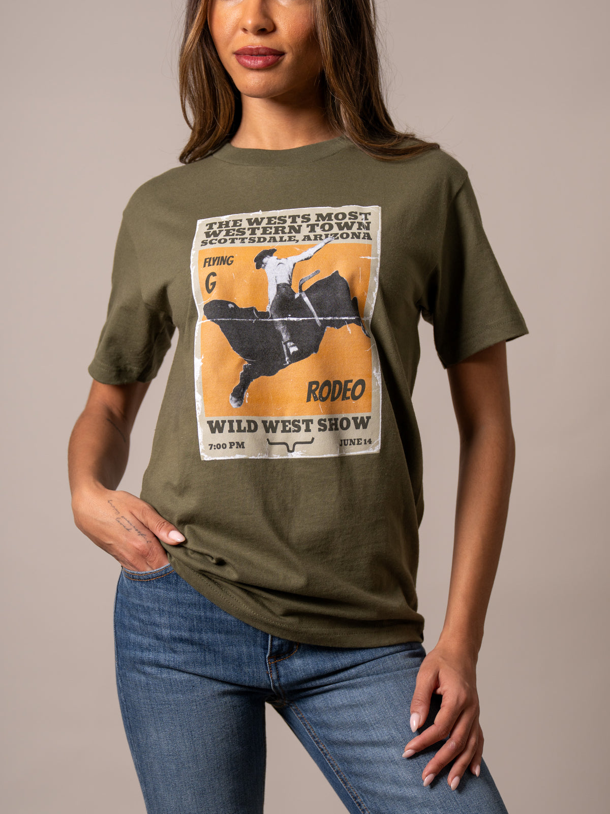 Kimes Ranch Ladies Greg 1950 shirt in Military Green with a vintage rodeo poster graphic
