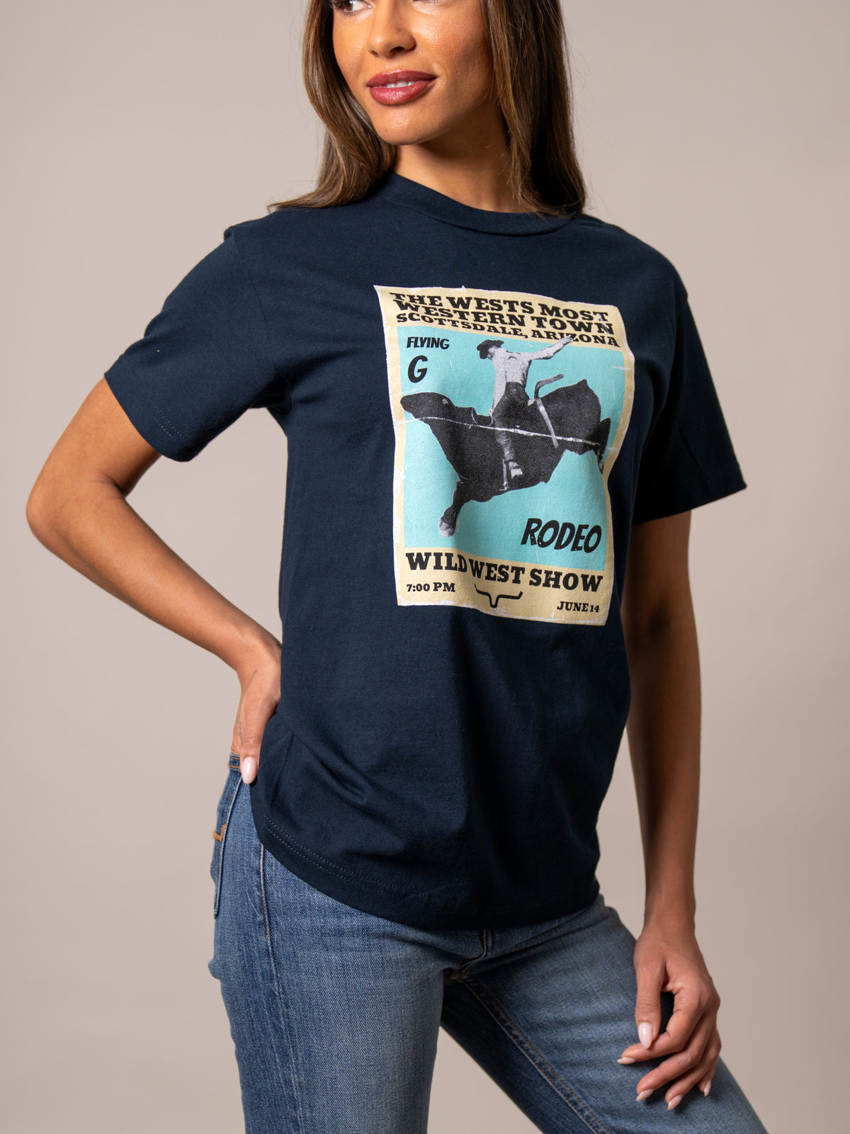 Kimes Ranch Ladies Greg 1950 shirt in Navy with a vintage rodeo poster graphic