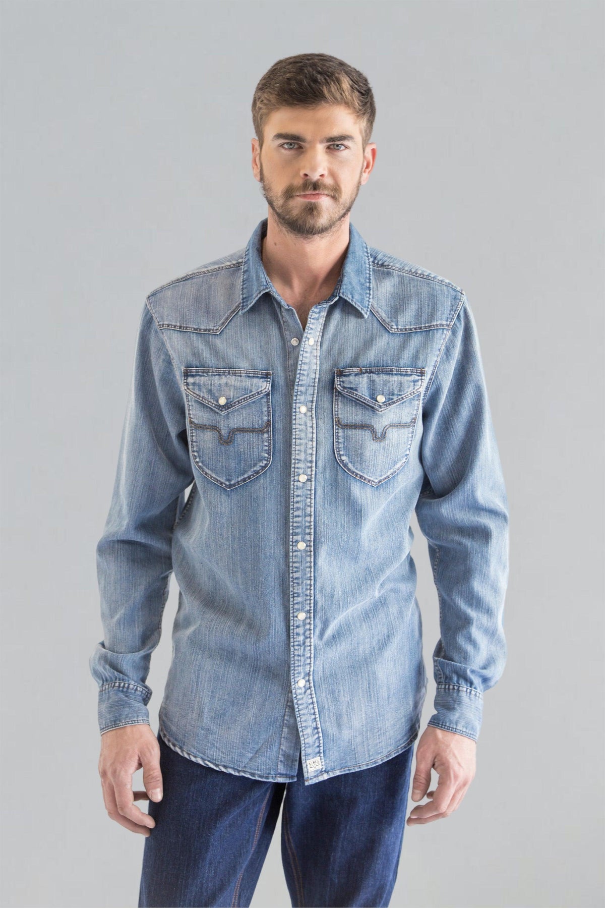 Kimes Ranch Grimes Dress Shirt in Indigo with western yoke and two chest pockets