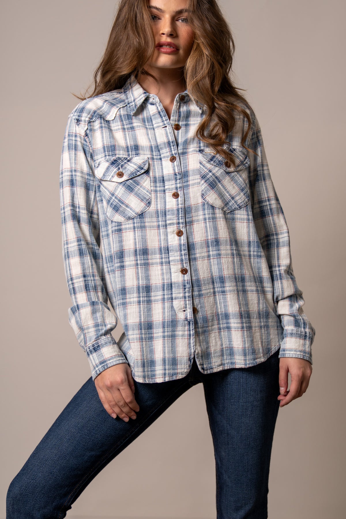 Kimes Ranch Gwen top in Pristine with a blue and white plaid pattern and two chest pockets