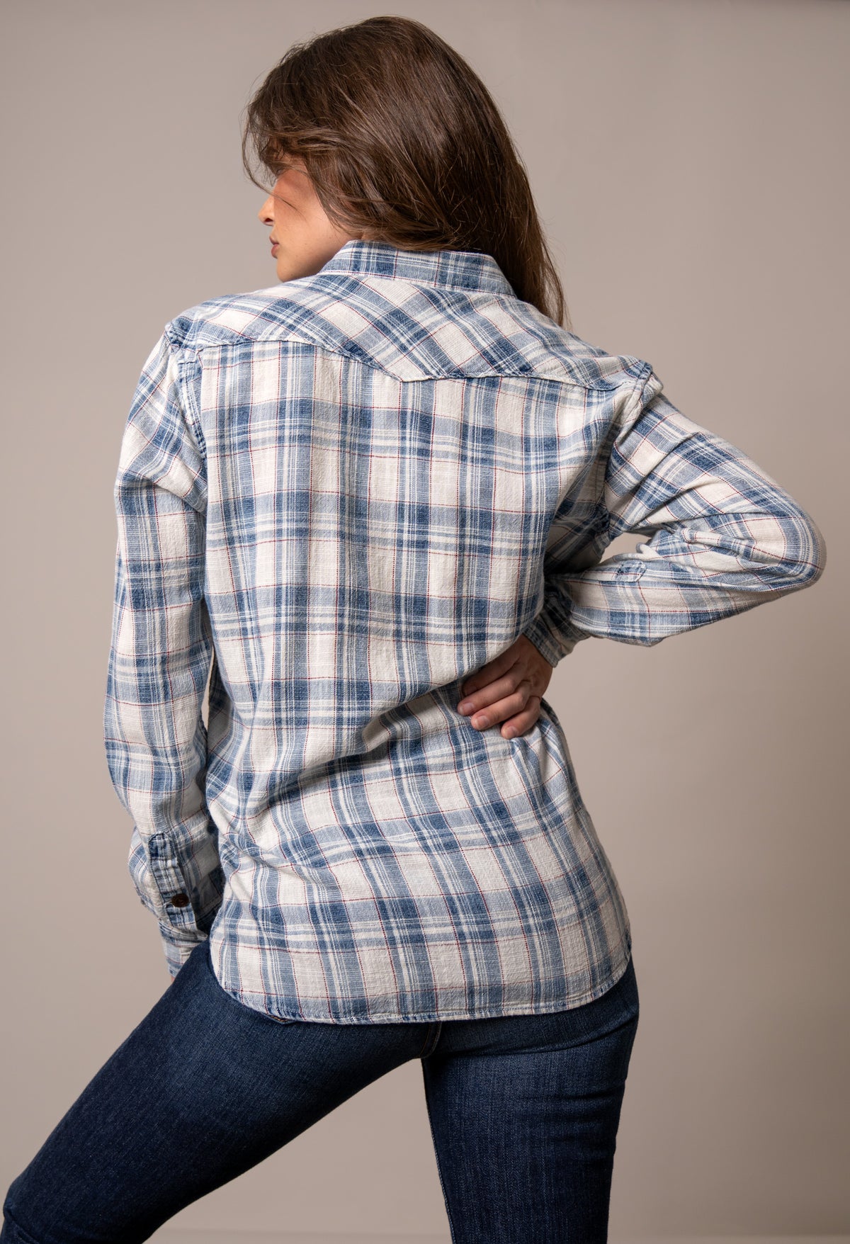 Kimes Ranch Gwen top in Pristine, back view, with a blue and white plaid pattern and a back yoke