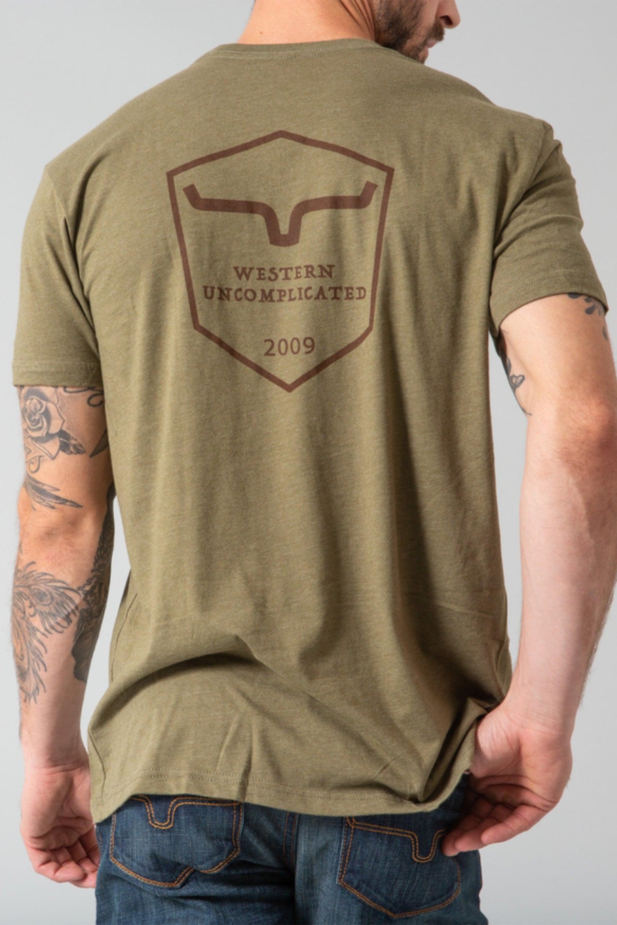 Kimes Ranch Shielded Trucker Shirt in Military Green, back view