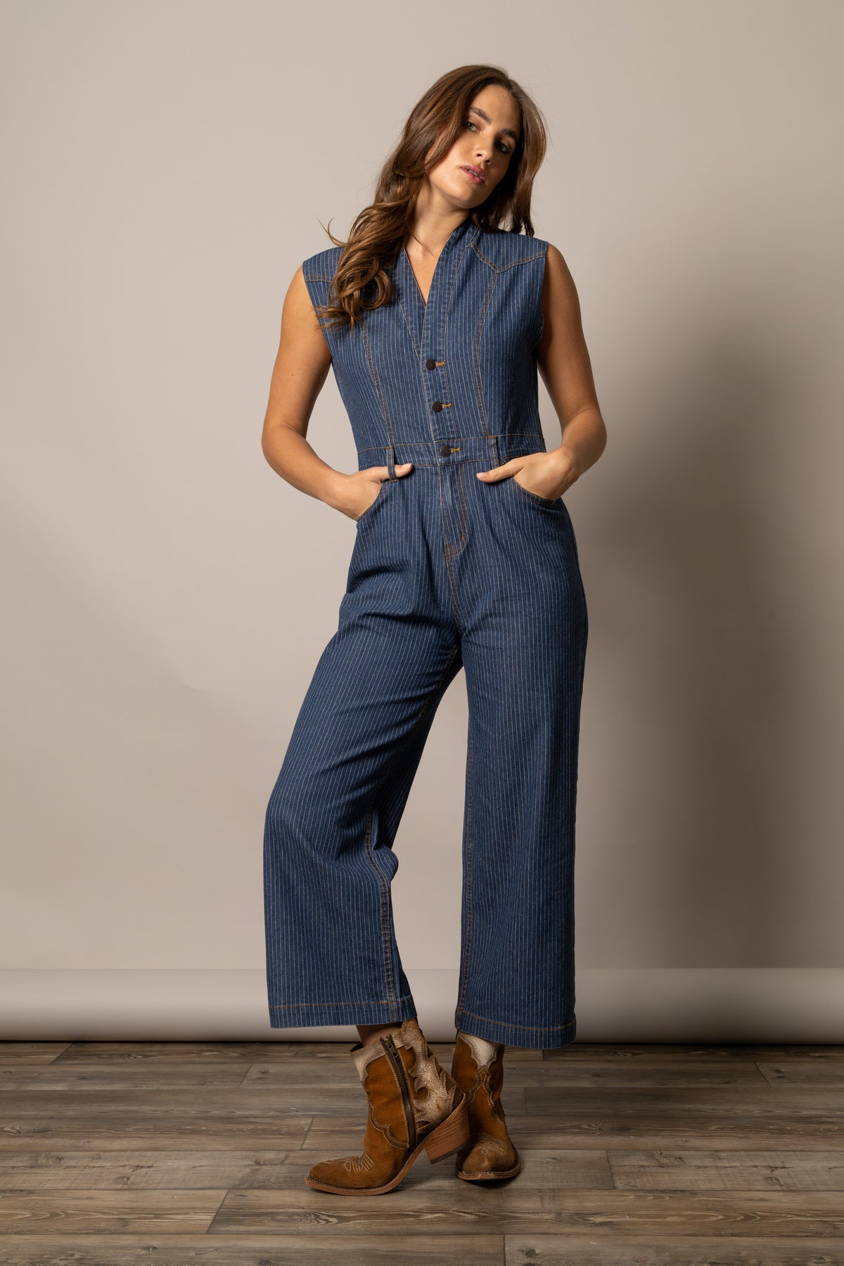 Kimes Ranch Hadley Jumpsuit in Mini Stripe with a sleeveless design, front button closure, and wide-leg pants
