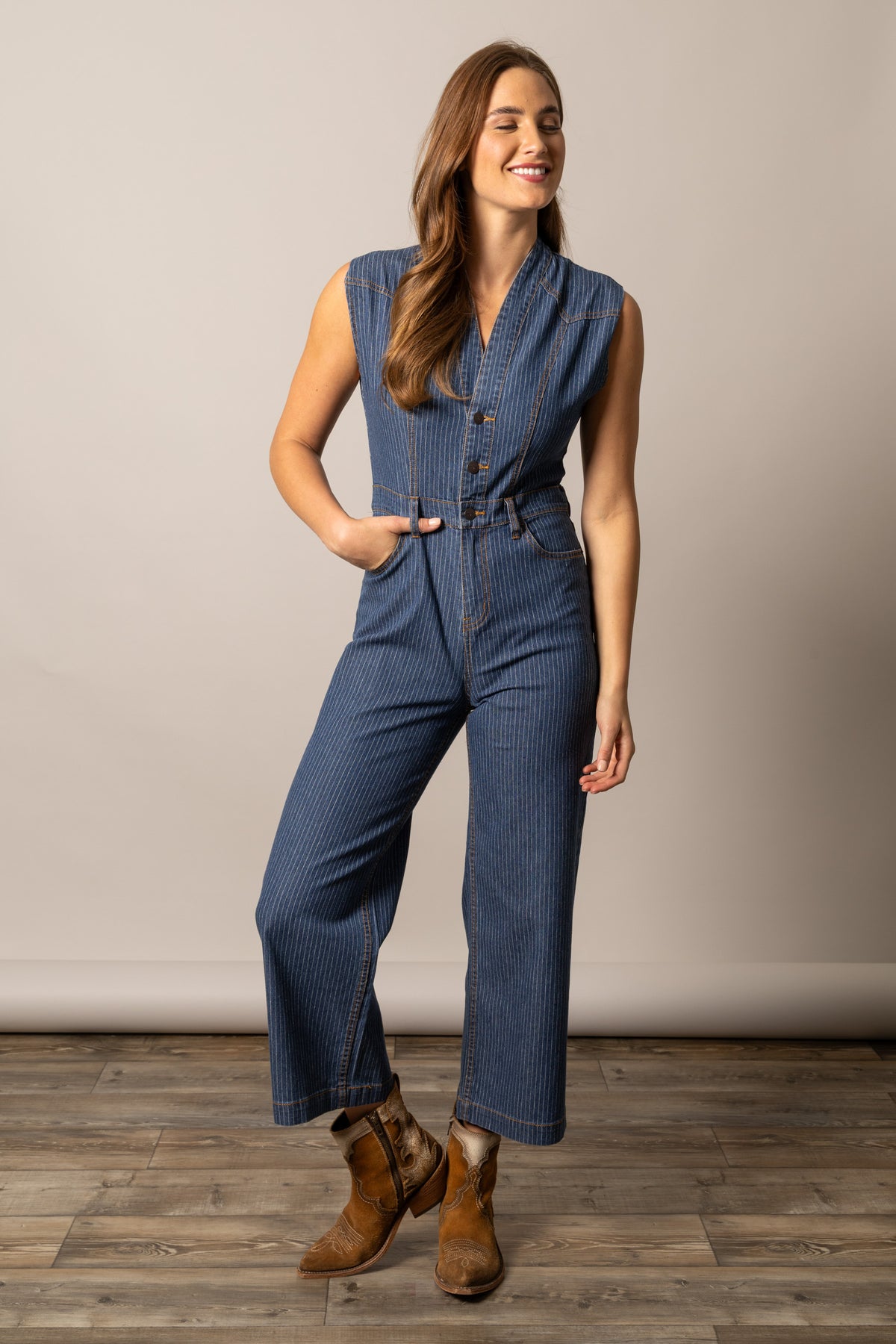 Kimes Ranch Hadley Jumpsuit in Mini Stripe with a sleeveless V-neck front and wide-leg silhouette