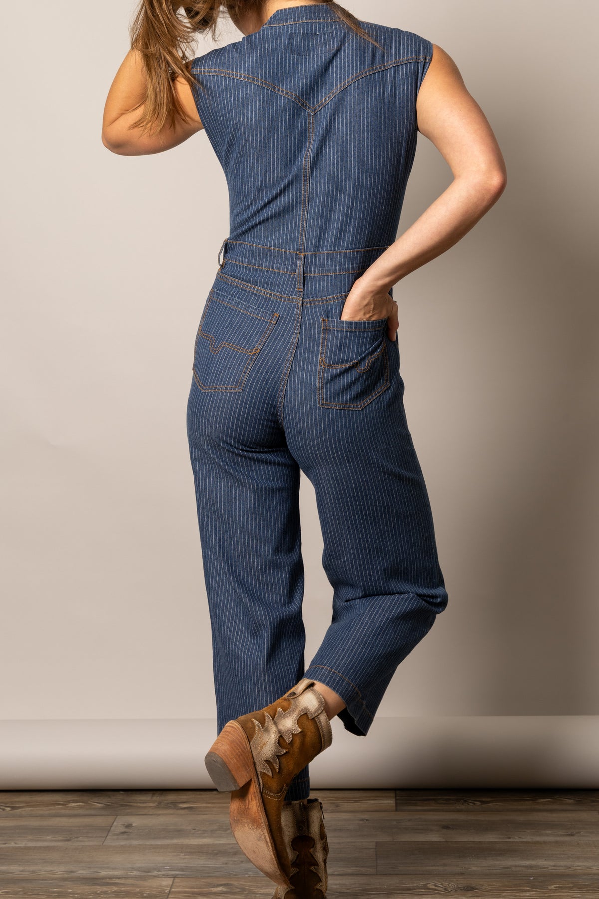 Kimes Ranch Hadley Jumpsuit in Mini Stripe, back view, with a back yoke and two back pockets