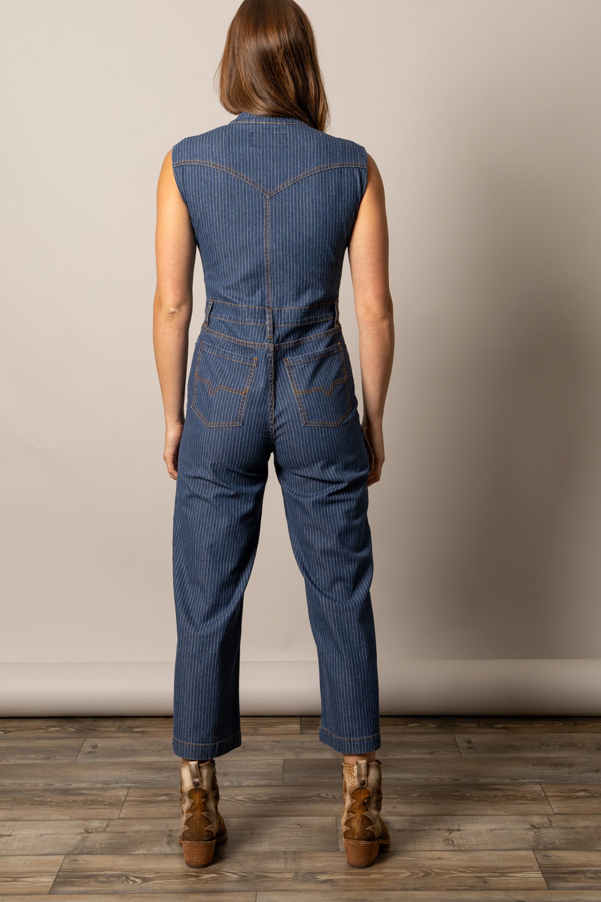 Kimes Ranch Hadley Jumpsuit in Mini Stripe, back view, with back yoke and patch pockets